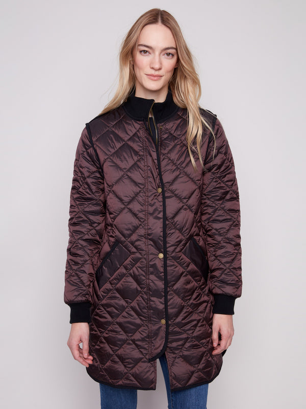 Mocha long quilted puffer jacket with rib knit collar and cuffs by Charlie B.