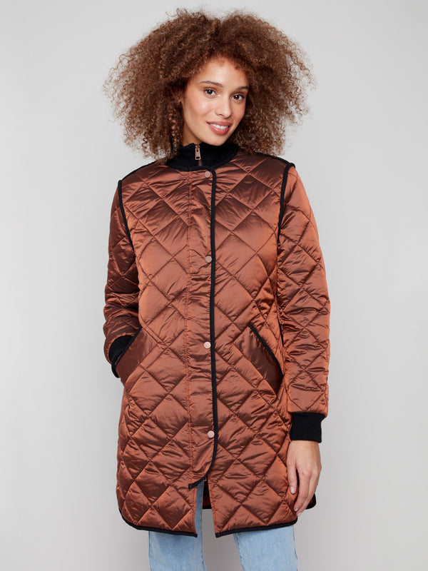 Elegant sepia puffer jacket with two front welt pockets for practicality and style by Charlie B.