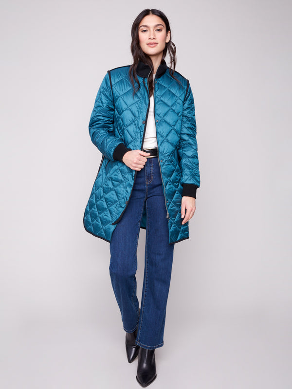 Evergreen quilted puffer jacket featuring rib knit detailing for added style by Charlie B.