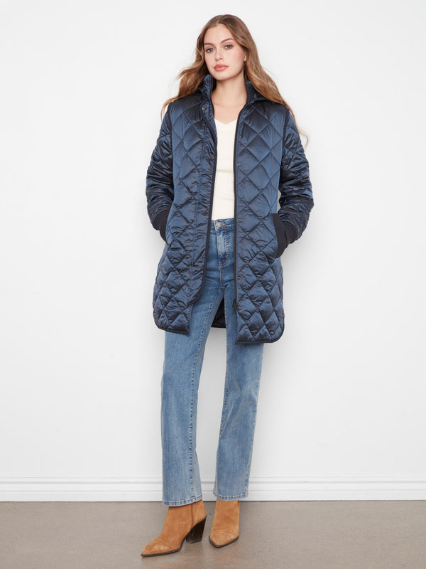 Manteau matelassé long à capuchon - Marine