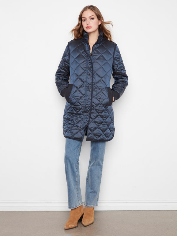 Manteau matelassé long à capuchon - Marine