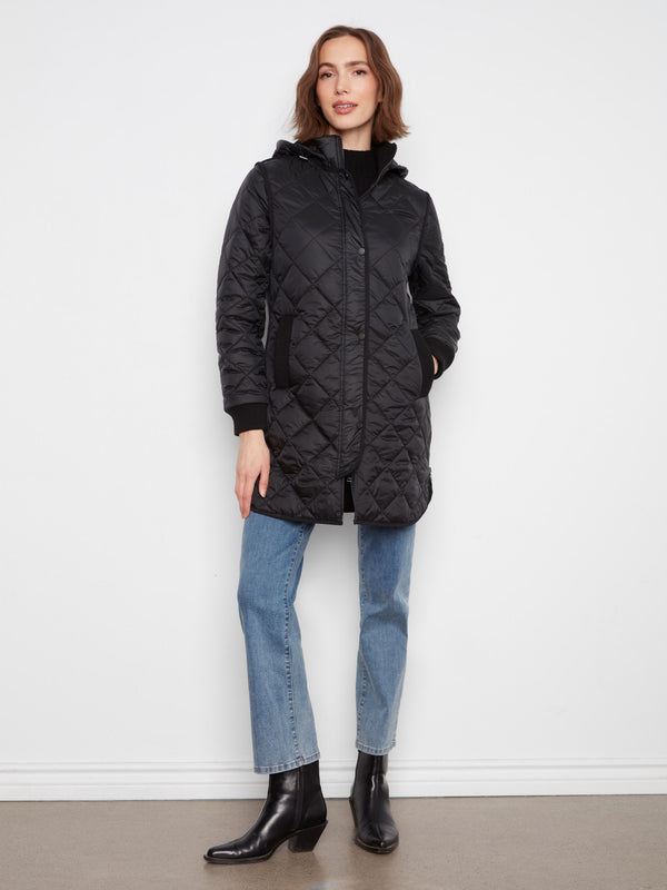 Manteau matelassé long à capuchon - Noir