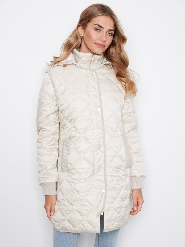 Manteau matelassé long à capuchon - Perle