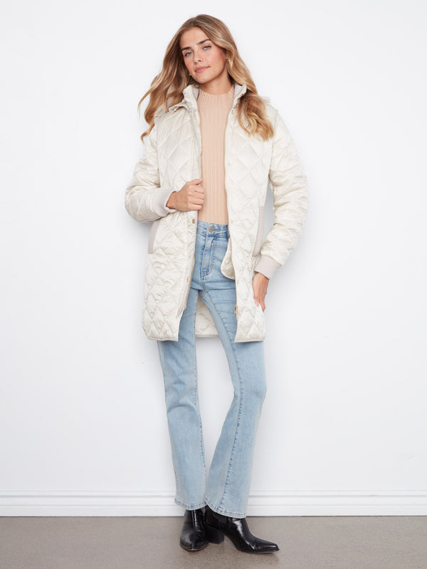 Manteau matelassé long à capuchon - Perle