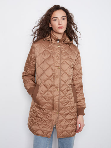 Elegant truffle puffer jacket with ribbed knit details and convenient welt pockets for a stylish look by Charlie B.