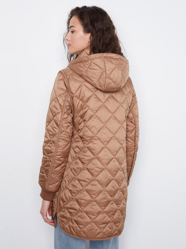 Truffle-colored long hooded puffer jacket featuring front zip closure with snap buttons for secure fastening by Charlie B.