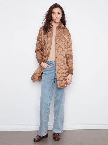 Sophisticated truffle puffer coat with practical welt pockets and ribbed cuffs, ideal for colder days by Charlie B.