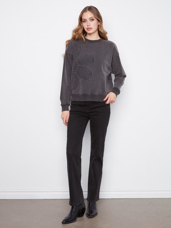 Long Sleeve Top With Flower Appliqué - Charcoal