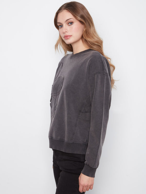 Long Sleeve Top With Flower Appliqué - Charcoal