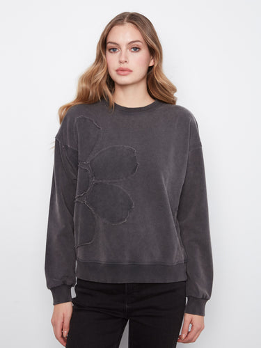 Elegant charcoal top crafted with a crew neckline for classic appeal by Charlie B.