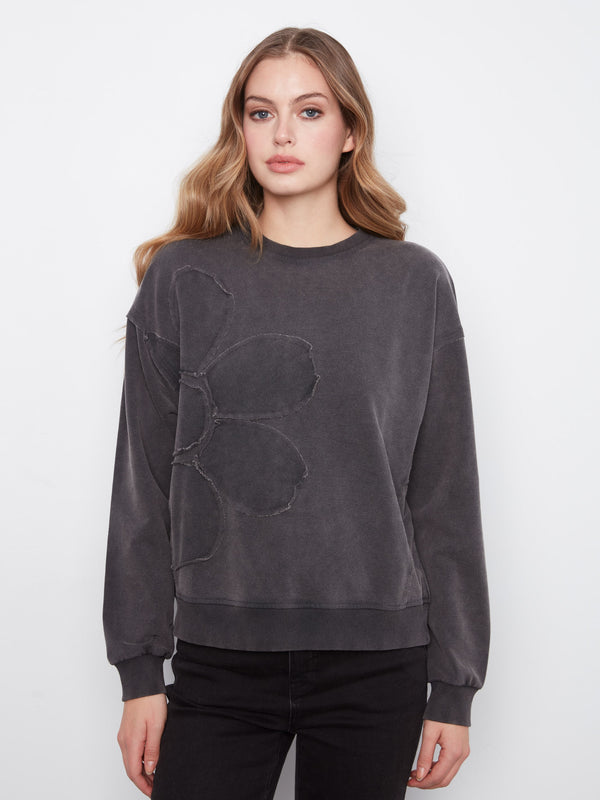 Long Sleeve Top With Flower Appliqué - Charcoal