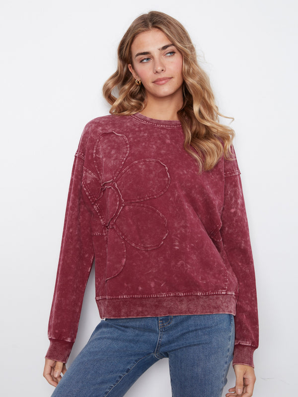 Long Sleeve Top With Flower Appliqué - Merlot
