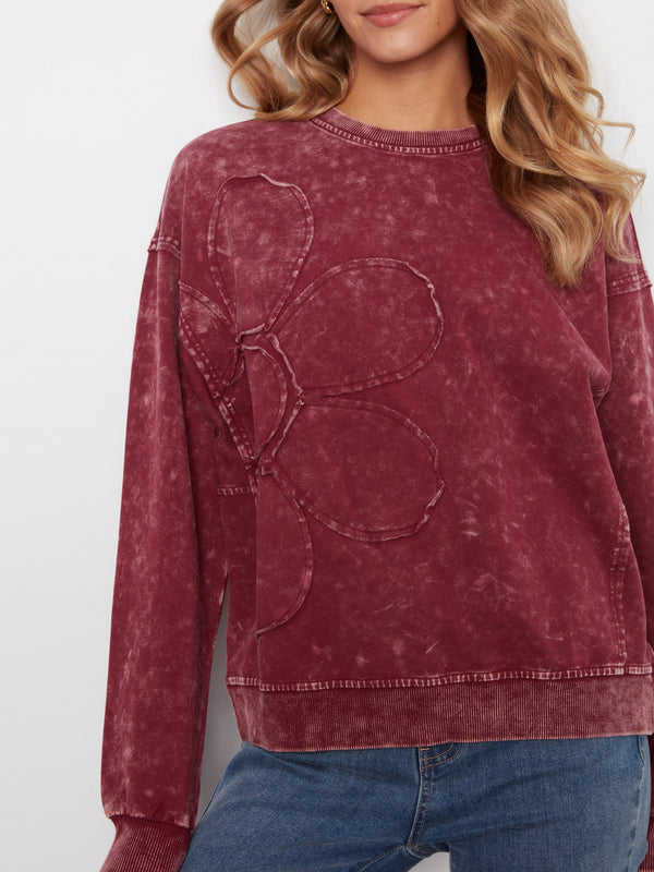 Long Sleeve Top With Flower Appliqué - Merlot