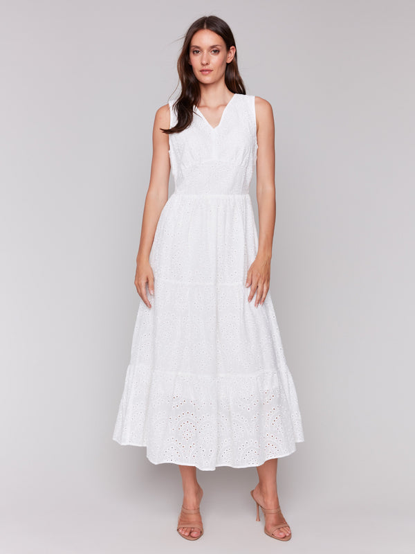 White midi eyelet dress featuring a V neckline by Charlie B.