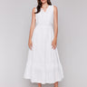 White midi eyelet dress featuring a V neckline by Charlie B.
