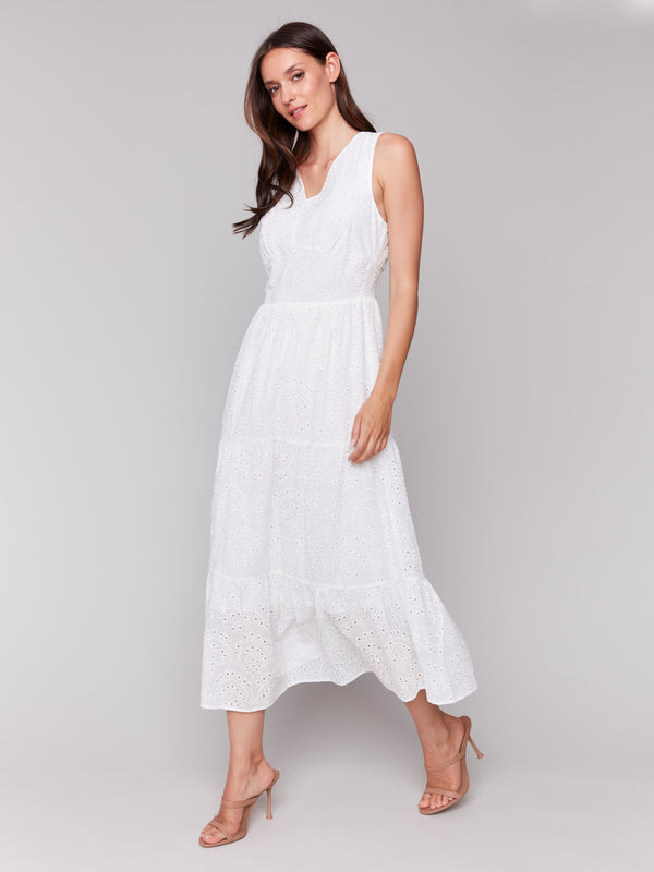 Stylish sleeveless white eyelet fabric dress by Charlie B.