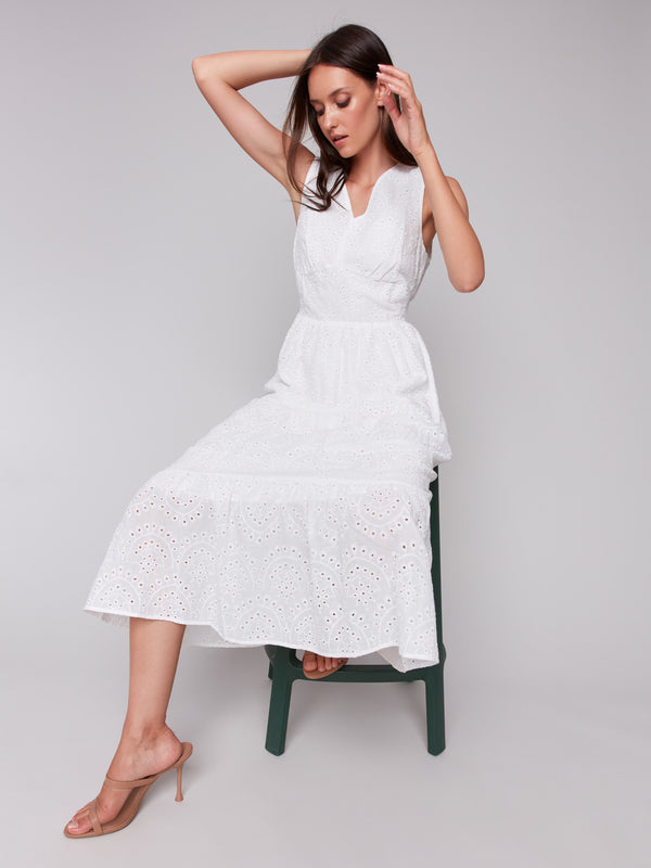 Chic white long dress with a flattering V-neckline by Charlie B.