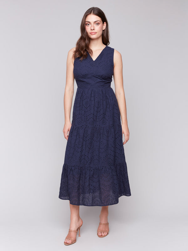 Navy blue midi length eyelet dress with elastic waist by Charlie B.