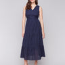 Navy blue midi length eyelet dress with elastic waist by Charlie B.