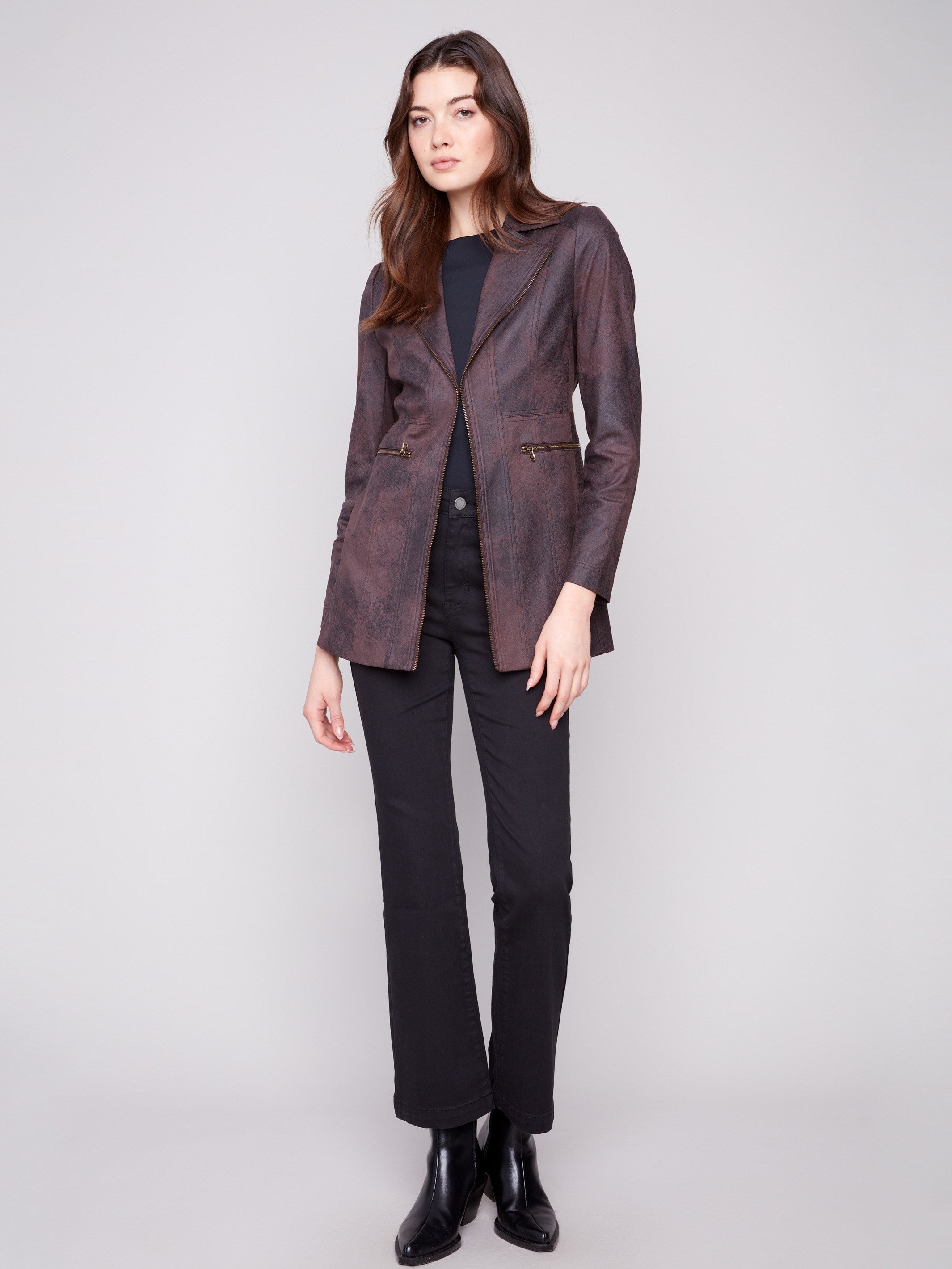 Mocha faux suede jacket with hook-and-eye closure, adding a sleek touch to your wardrobe essentials by Charlie B.