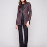 Mocha faux suede jacket with hook-and-eye closure, adding a sleek touch to your wardrobe essentials by Charlie B.