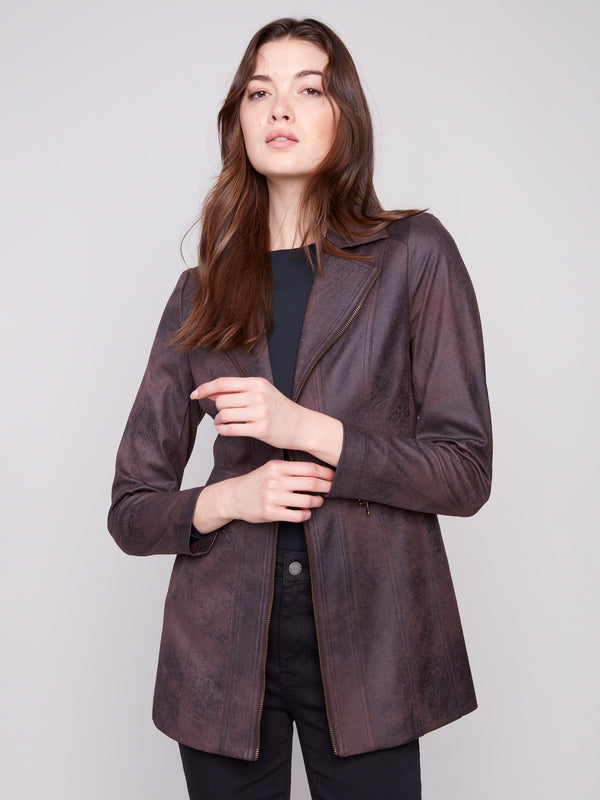Lapel notch collar on this mocha faux suede jacket offers timeless sophistication and chic appeal by Charlie B.