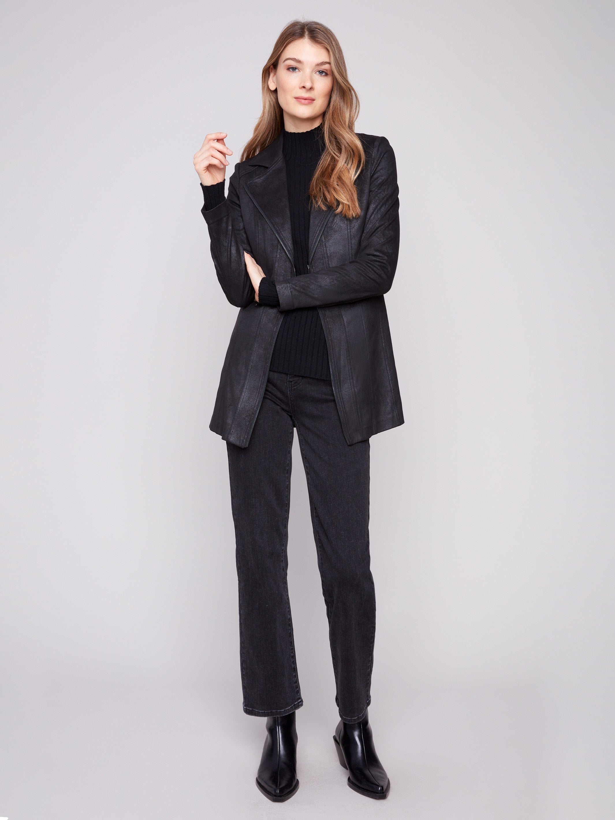 Elegant black faux suede jacket featuring a stylish hook-and-eye closure, perfect for a chic look by Charlie B.