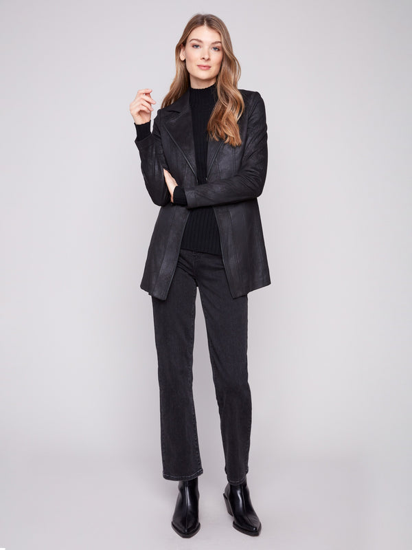 Elegant black faux suede jacket featuring a stylish hook-and-eye closure, perfect for a chic look by Charlie B.