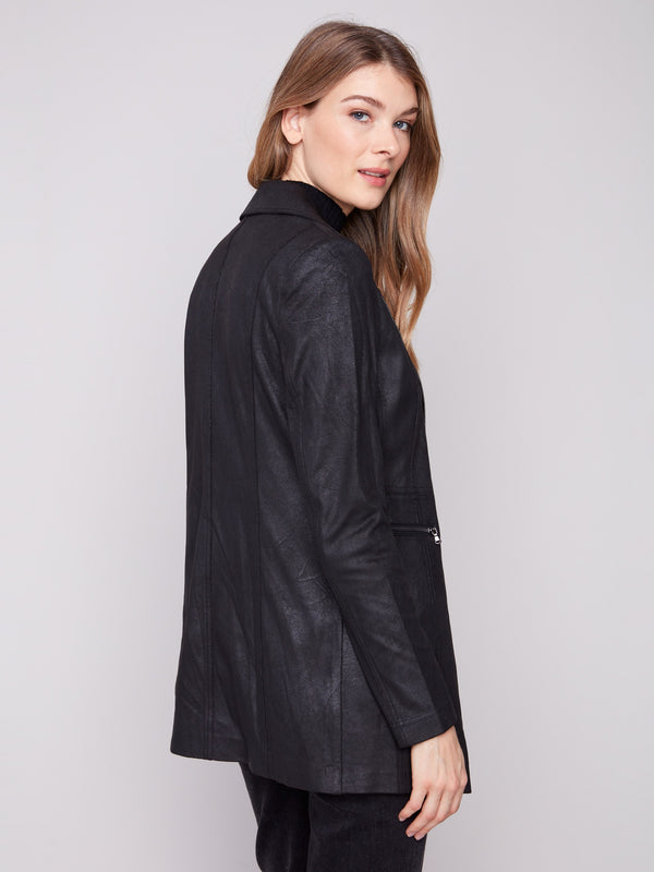 Sophisticated black jacket with a classic lapel notch collar, enhancing its refined appearance by Charlie B.