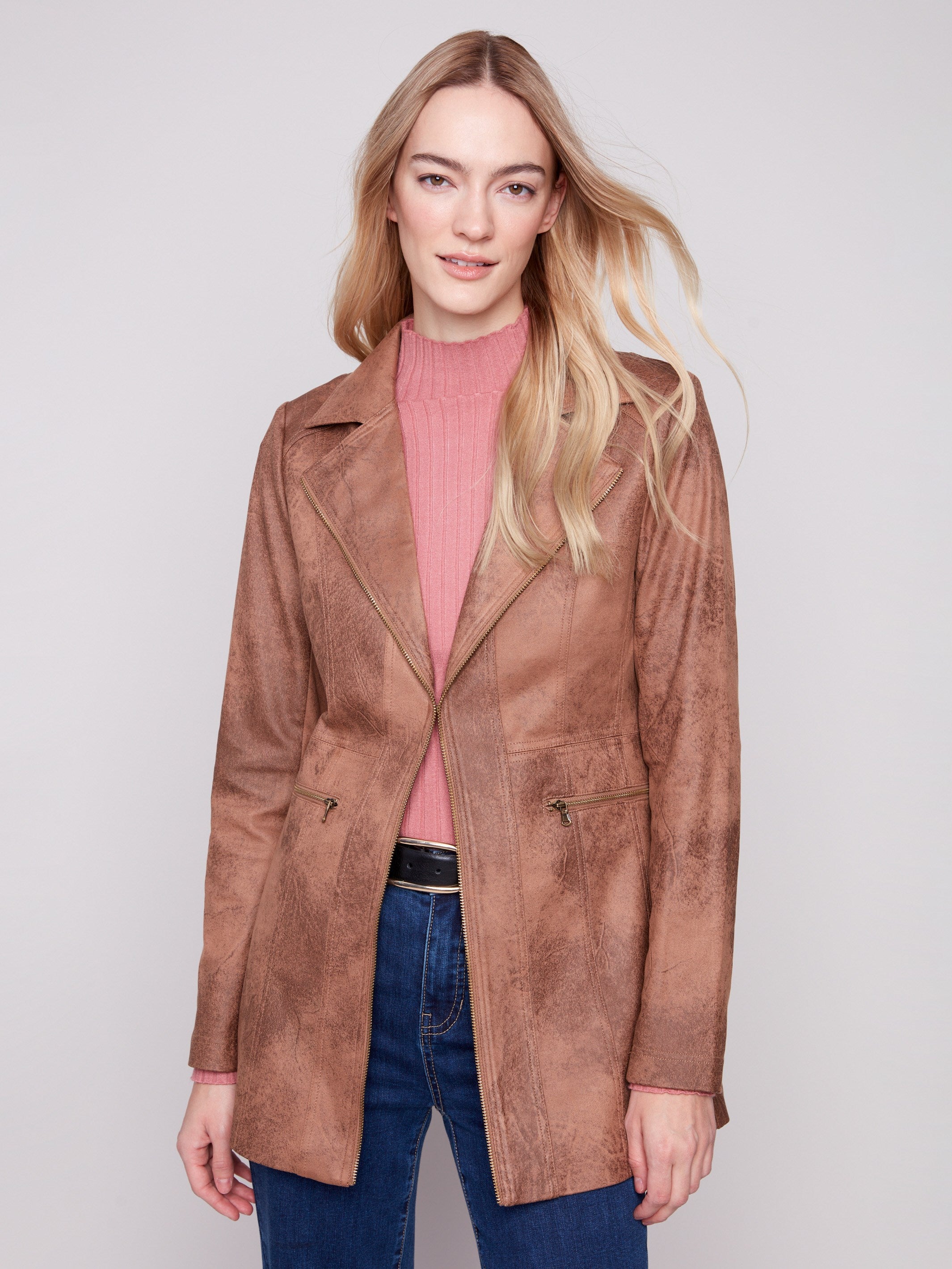 Truffle faux suede jacket with hook-and-eye closure, offering a sleek and stylish look for any occasion by Charlie B.