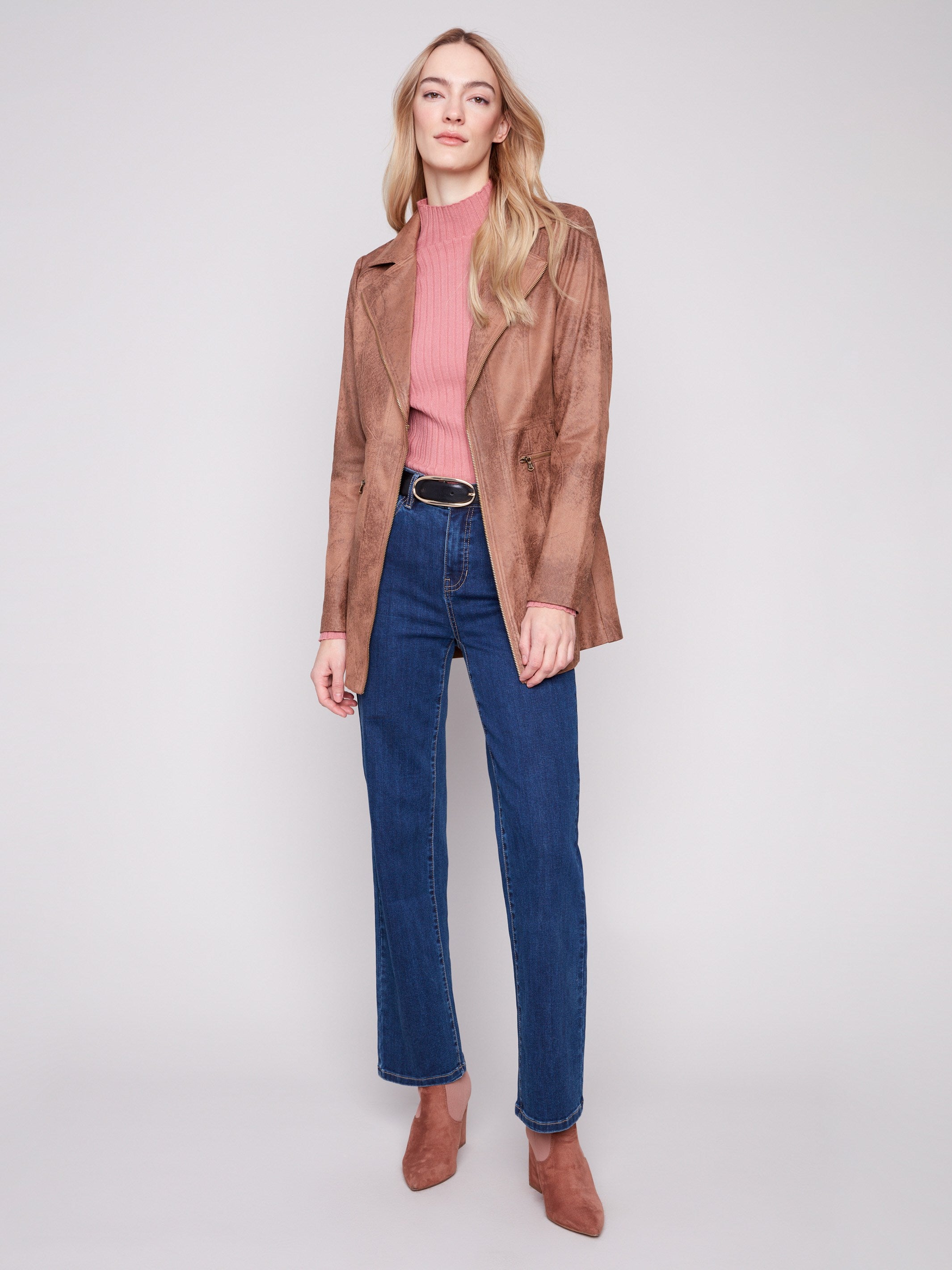 Elegant jacket in truffle color featuring two front zipper pockets, perfect for carrying essentials by Charlie B.