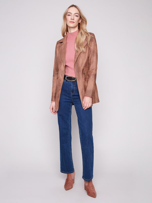 Elegant jacket in truffle color featuring two front zipper pockets, perfect for carrying essentials by Charlie B.