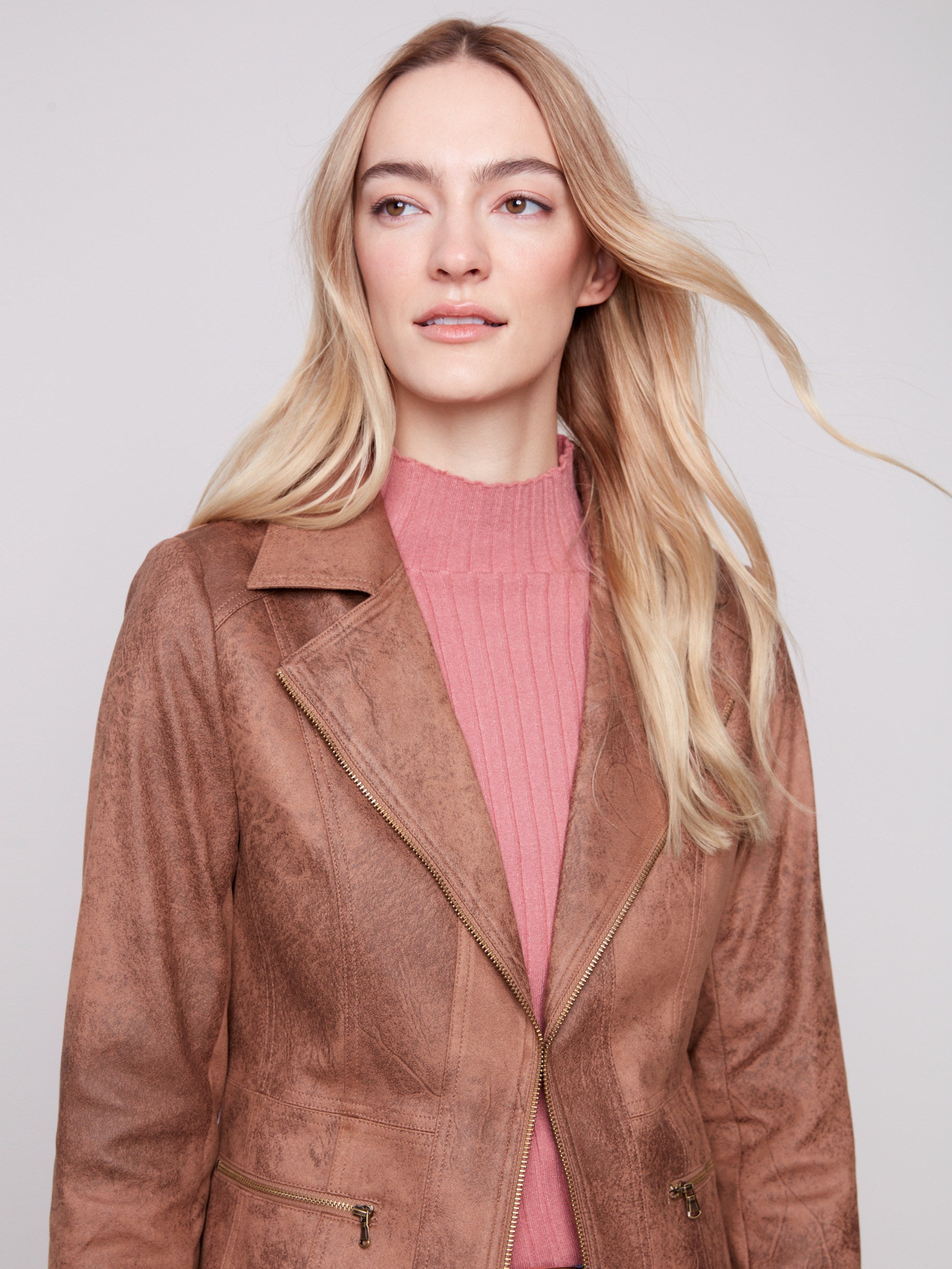 Chic faux suede jacket with a classic lapel notch collar, adding sophistication to your wardrobe by Charlie B.
