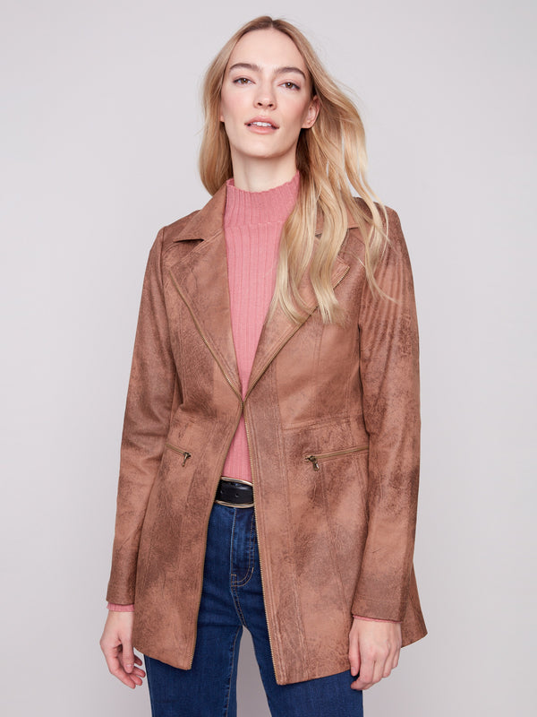 Long faux suede jacket with vintage texture and practical two front zipper pockets for added convenience by Charlie B.
