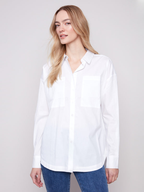 White poplin shirt featuring a loose fit and button cuffs for a relaxed style by Charlie B.