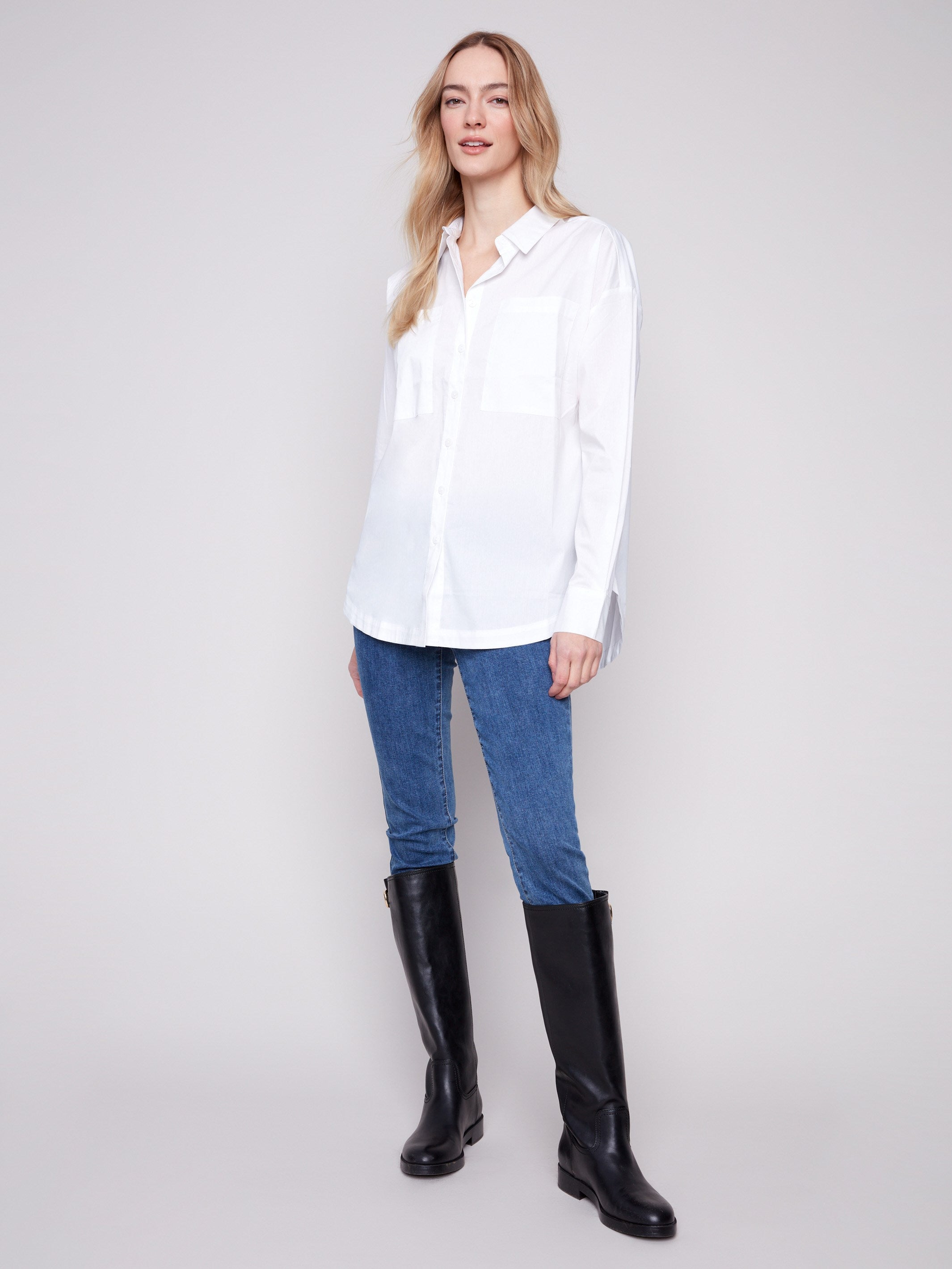 Elegant white shirt with a classic collar and button-down design, perfect for any occasion by Charlie B.