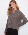 Grey cable knit sweater with a drop shoulder design, featuring long sleeves and a notch neckline by Charlie B.