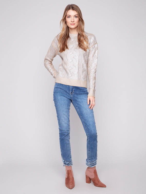 Elegant silver sweater in 100% cotton, featuring a stylish cable knit design by Charlie B.