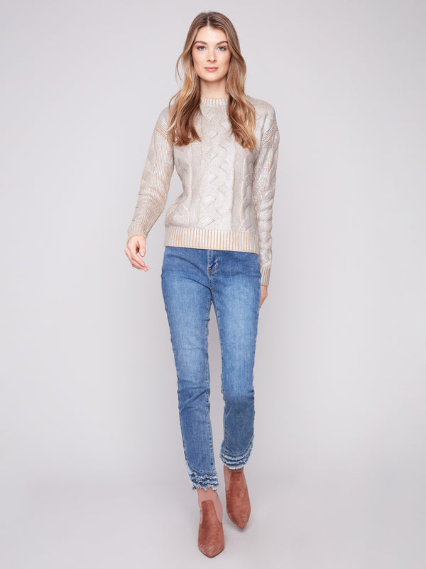 Sophisticated 100% cotton sweater with a luxurious metallic sheen for added glamour by Charlie B.