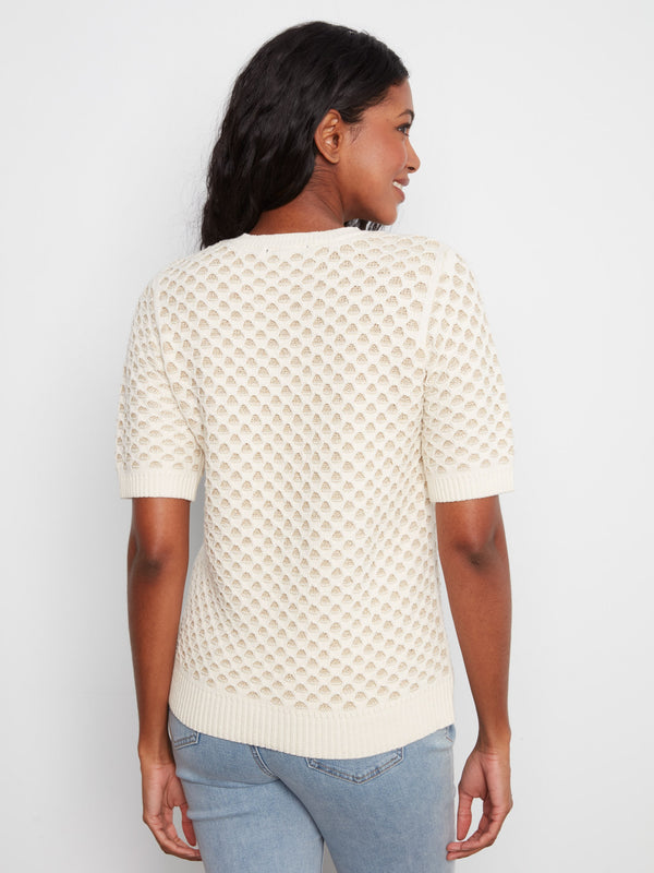 Metallic Honeycomb Short Sleeve Sweater - Ecru
