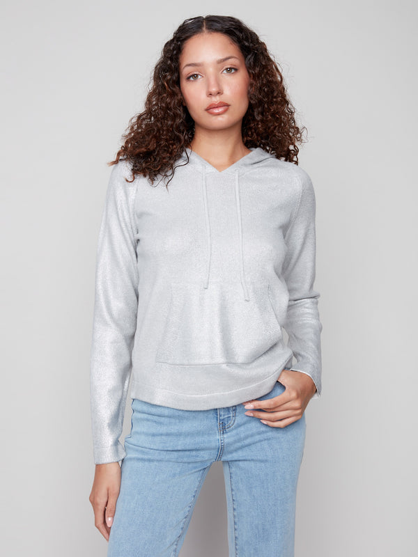 Silver knit hoodie with a metallic sheen, perfect for adding sparkle to casual outfits by Charlie B.