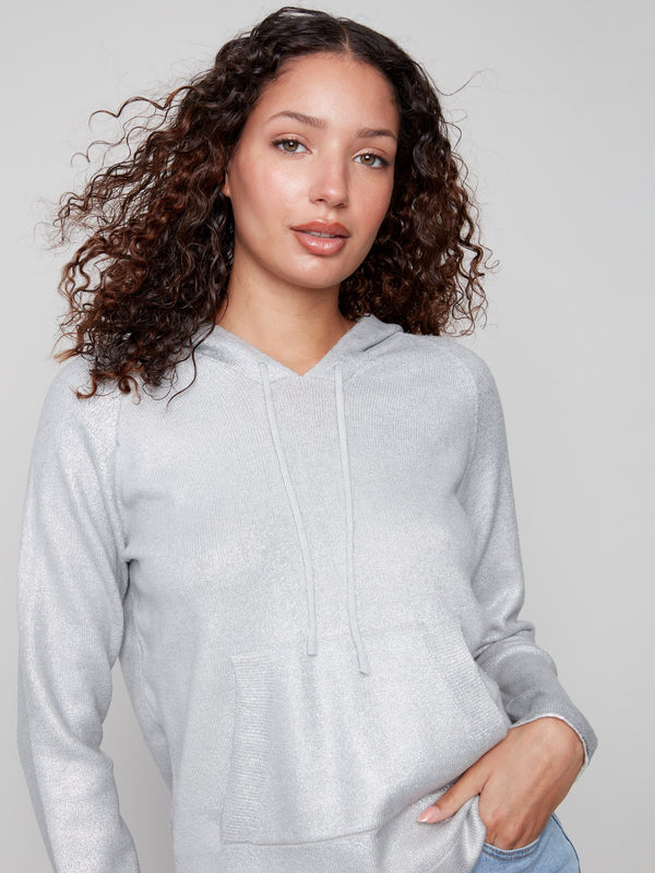Stylish raglan sleeves enhance the fit of this silver metallic knit hoodie sweater by Charlie B.
