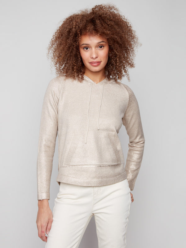 Champagne knit hoodie sweater featuring a stylish drawstring hood, perfect for a chic casual look by Charlie B.