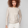 Champagne knit hoodie sweater featuring a stylish drawstring hood, perfect for a chic casual look by Charlie B.