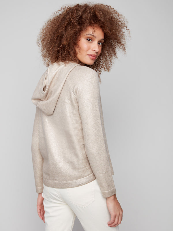 Enjoy cozy comfort with raglan sleeves on this champagne metallic knit hoodie sweater, ideal for any season by Charlie B.
