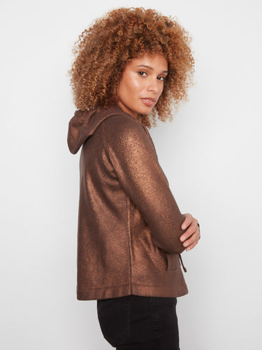 Chic copper knit hoodie with practical kangaroo pocket, offering both style and functionality for everyday wear by Charlie B.
