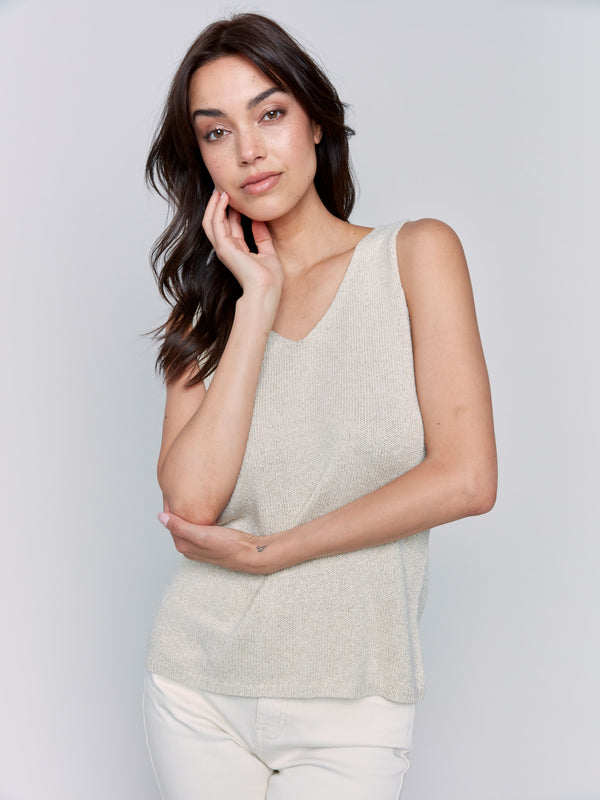 Chic V-neck metallic top in gold knit fabric by Charlie B.