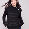 Black sweater with raglan sleeves featuring gold metallic stripes and button accents, offering a chic look by Charlie B.