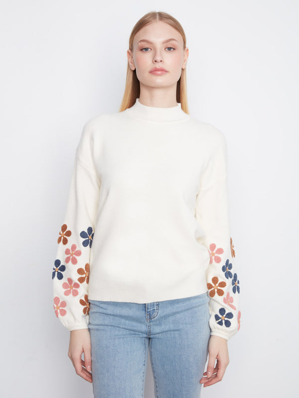 Mock Neck Sweater With Embroidered Flowers - Ecru