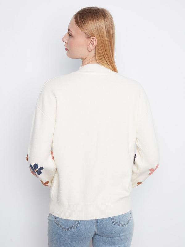 Mock Neck Sweater With Embroidered Flowers - Ecru